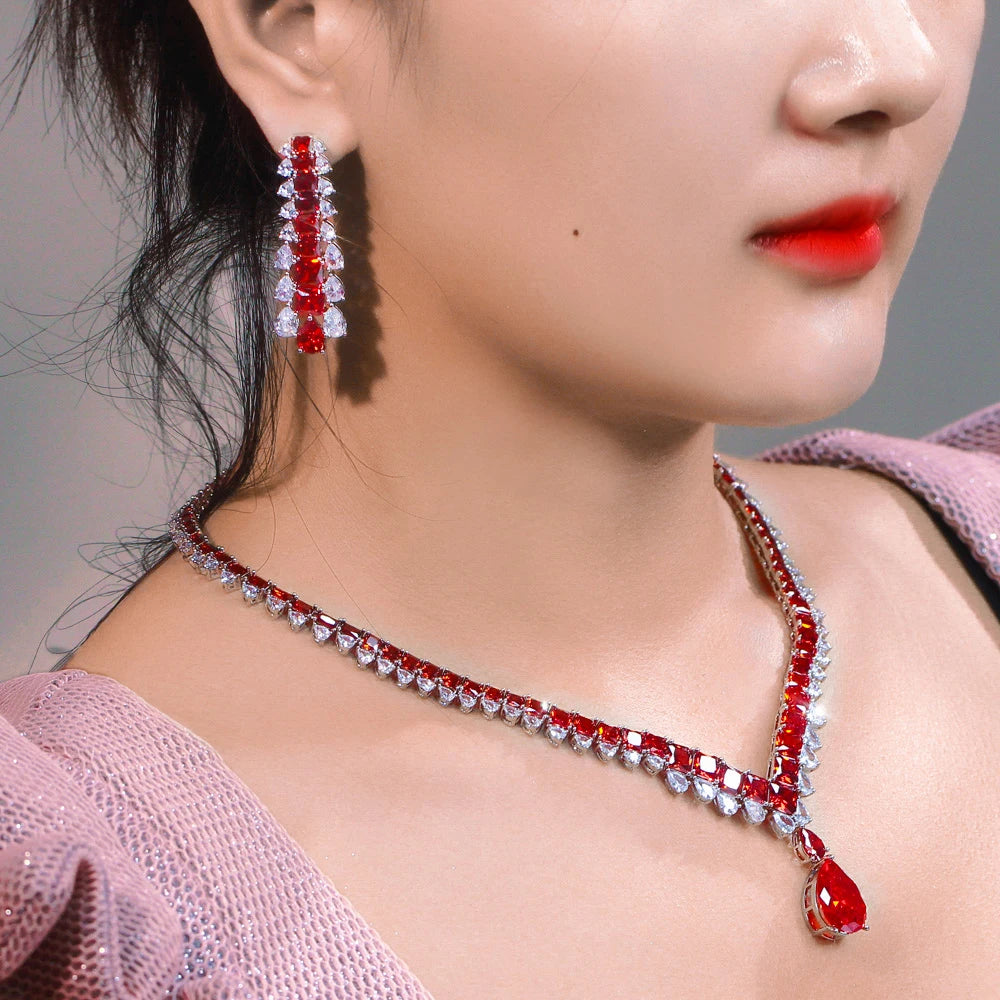 Luxury White Red Water Drop Zirconia Long Dangle Earrings and Necklace Bridal Wedding Party Jewelry Set for Women