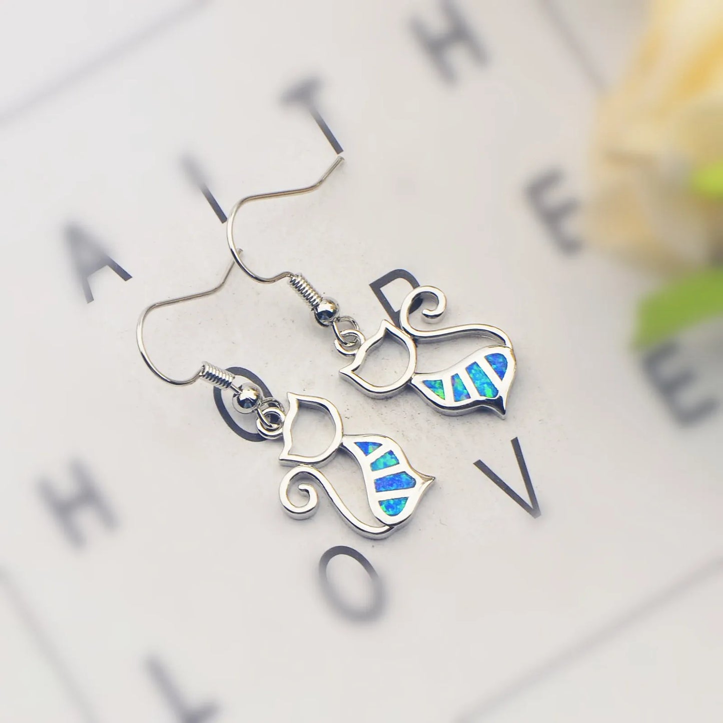 Geometric Opal Cat Earrings - Blue Fire Opal Solitaire & CZ Accent Design | Elegant Formal Jewelry Bulk Gifts