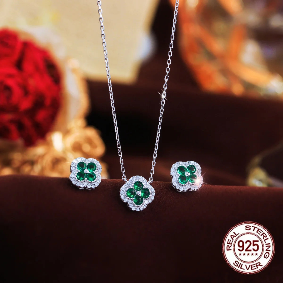 Fine Jewelry Blue CZ Cubic Zirconia  Necklace Earrings S925 Sterling Silver Four Leaf Clover Jewelry Set for Women Daily Wear