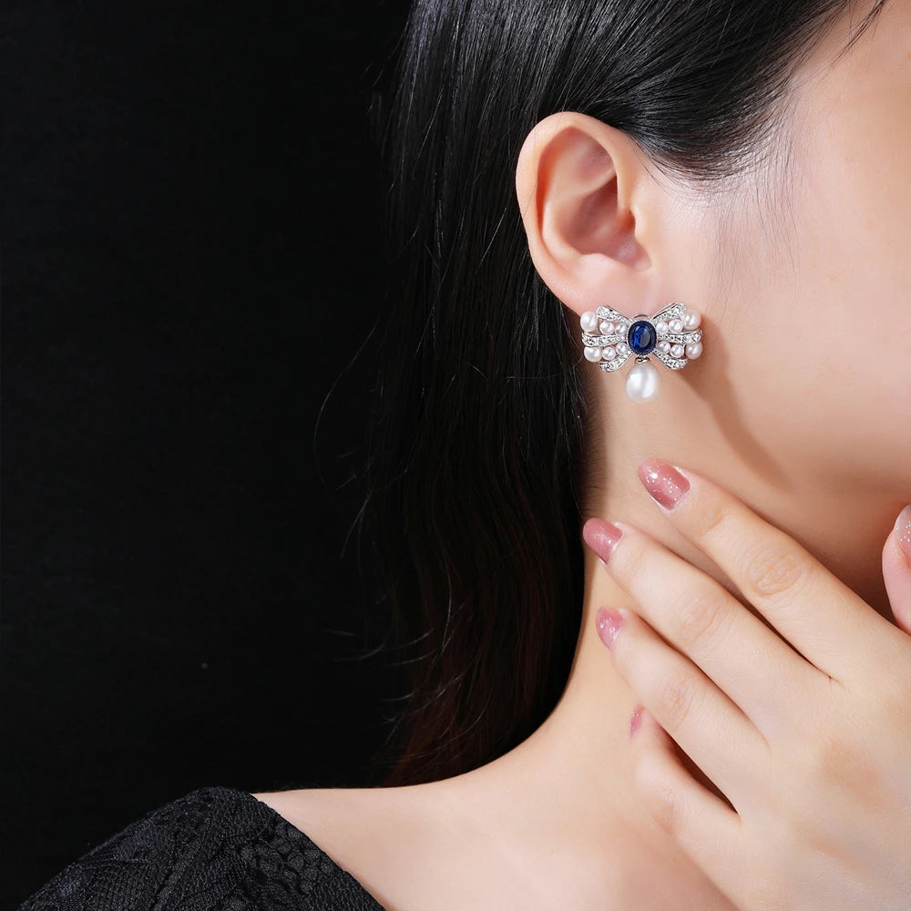 MUSHAN Jewelry Factory S925 Natural Pearl Stud Earrings Light Luxury and High End Bow Ear Accessory Cross Border Bestseller