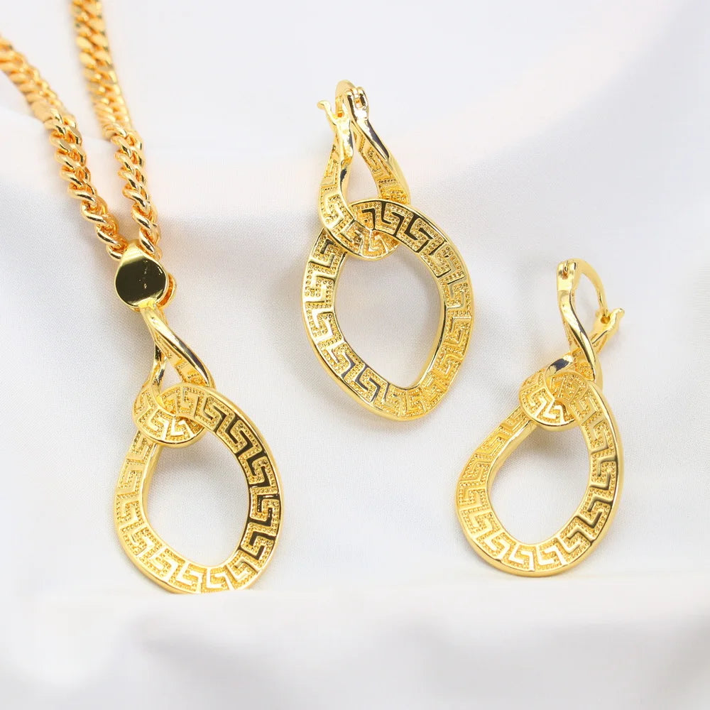 XOTICA Luxury Gold-Toned Arabesque Teardrop Jewelry Set Opulent Middle Eastern Style Wedding Party Necklace Pendant Earrings