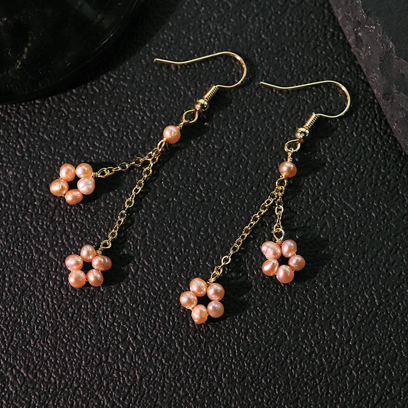 Pink Natural Pearl Chain Earrings Handmade Design Earrings Gift Banquet Wedding Women's Jewelry GE1814