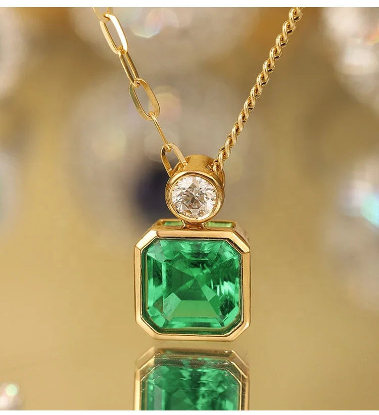 Gemfiori Classic Design Asscher Cut 18k Rose Gold Plated Lab Grown Emerald Pendant Necklace Colombia Green Engagement Wedding Party