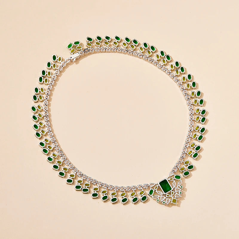 2023 Fashion Premium Jewelry Set Brass Rhodium Plated Green Zircon Jewelry Women's Necklace Earring Set