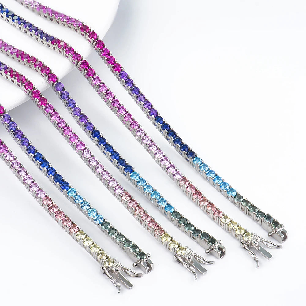 ArtistA High Quality New Style Shiny Diamond 3mm Rainbow Color Corundum Sterling Silver Tennis Moissanite Bracelet Fashion Jewelry