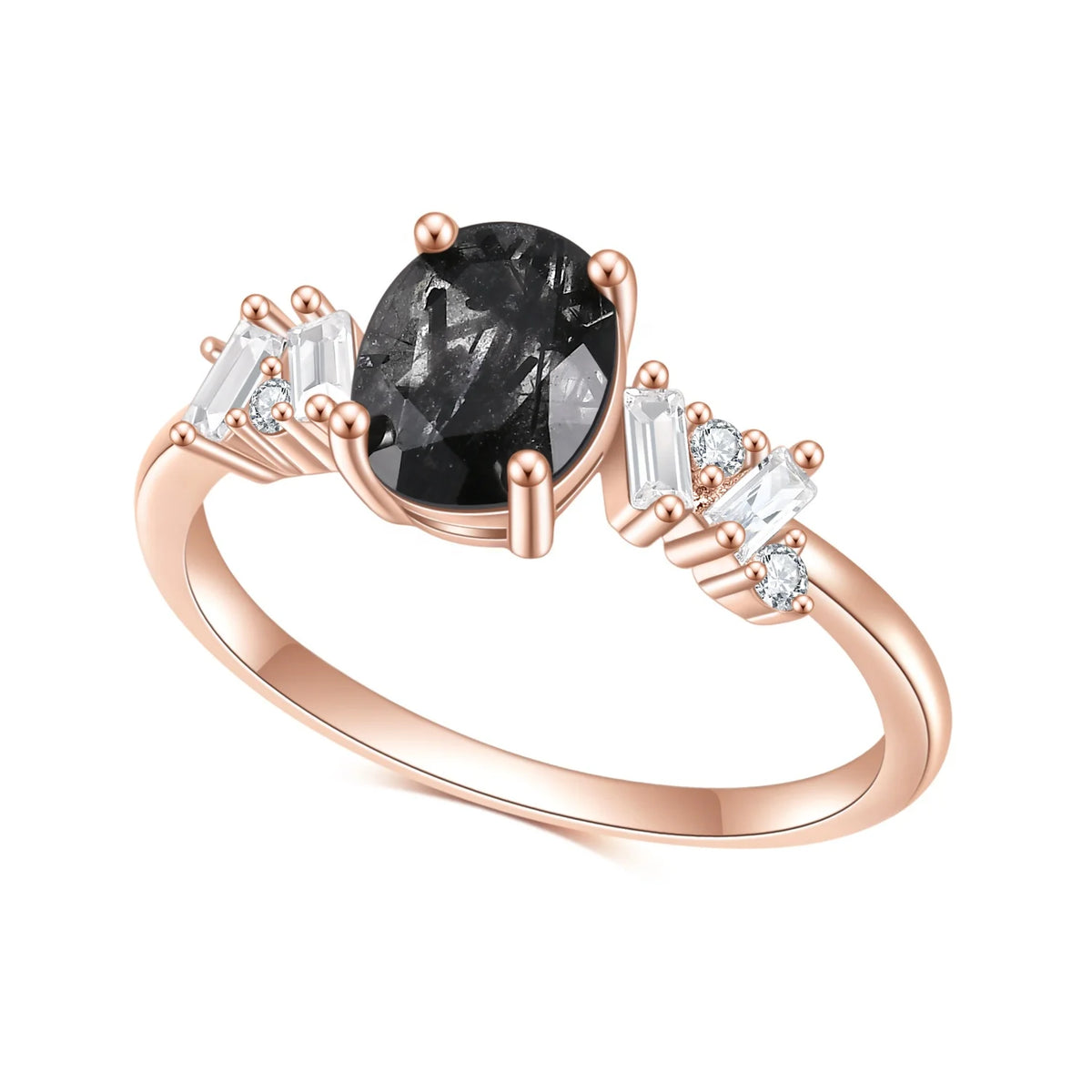 ArtistA Abiding OEM Factory Direct Sale Rose Gold Plated 925 Sterling Silver Natural Black Rutilated Quartz with White CZ Side Stones