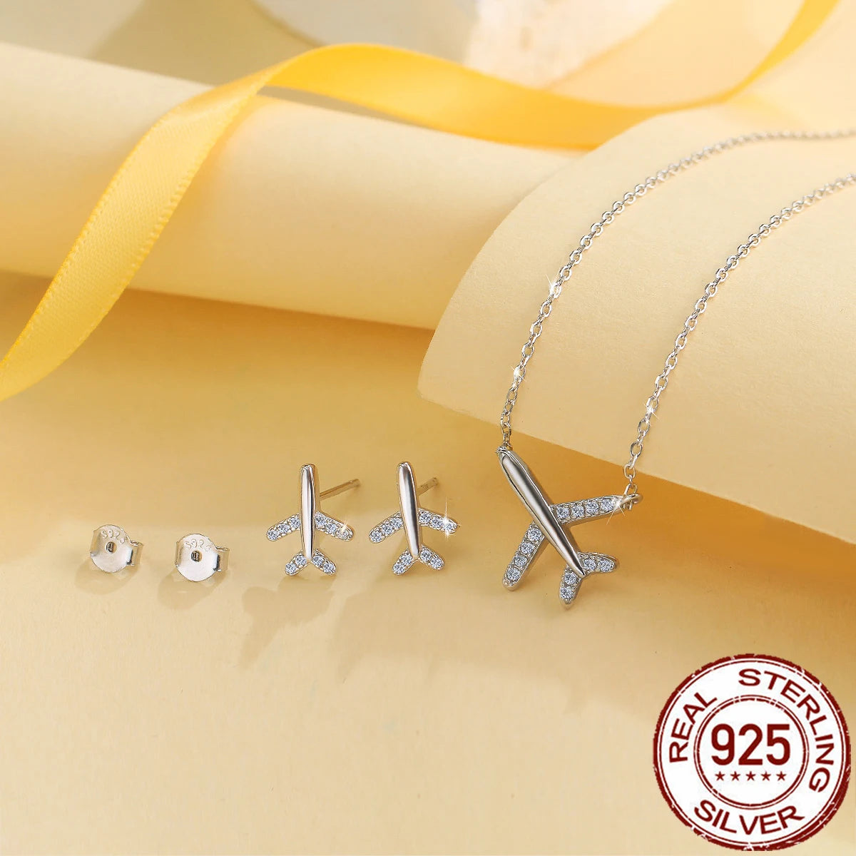 S925 Sterling Silver Jewelry Set Airplane Cubic Zirconia Pendant Necklace Stud Earrings CZ Jewelry Set for Women Girl Daily Wear