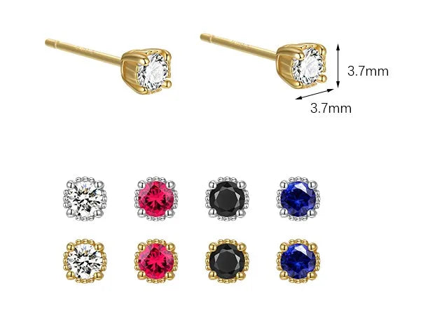Trendy 925 Sterling Silver Stud Earring Bezel Claw Round White/Red/Blue/Black Colorful 5A CZ Earrings Gift for Women Mom