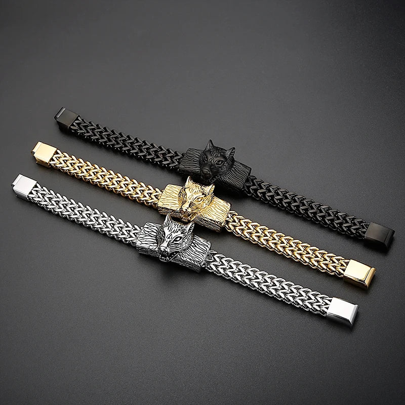 REBEL Punk Fine Jewelry Fashion Bracelets Men Stainless Steel Wolf Head Links Bracelet Bangle