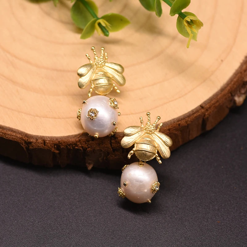 Natural Freshwater Big Pearl Drop Earrings for Women Wedding Engagement Bee Dangle Earrings Fine Jewelry