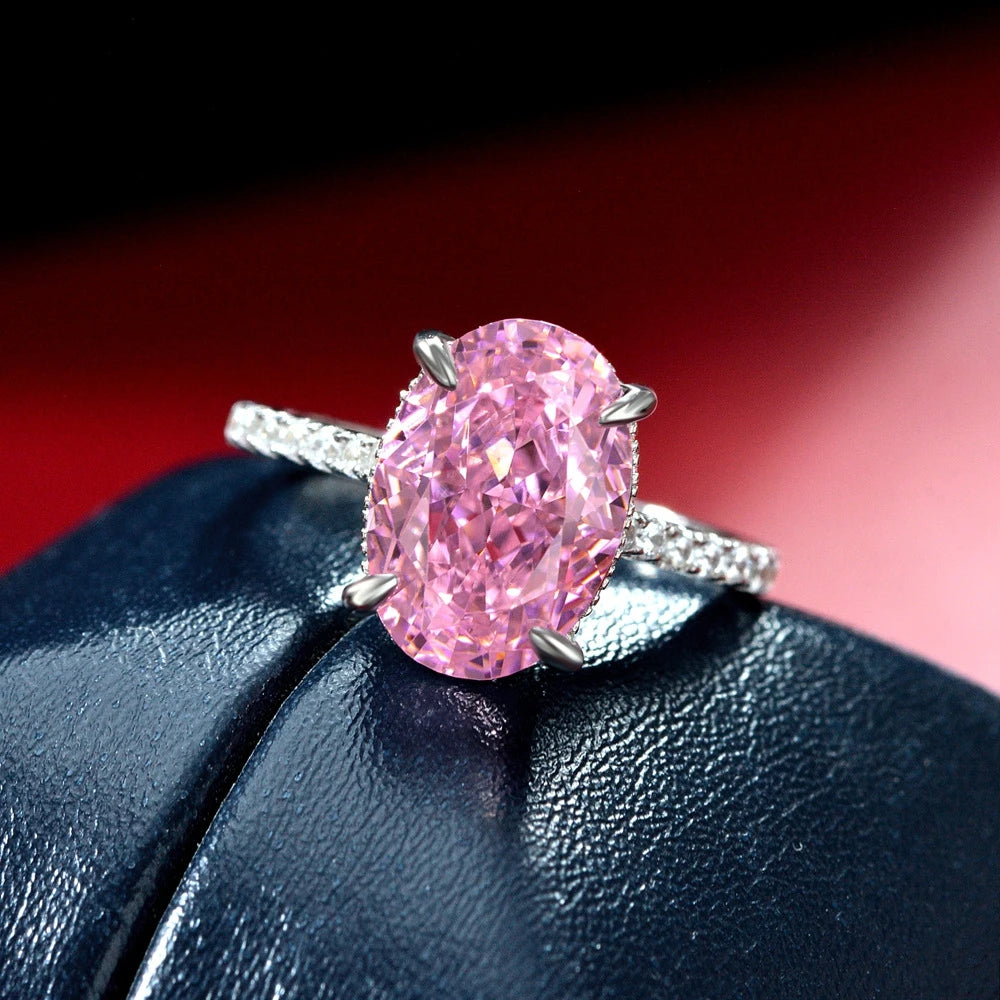 MuShan Jewelry Factory New 4 Carat Women Ring in Pink Egg Shape 925 Silver Ring 9*13 Shining Ice Flower Cut Pigeon Egg Style