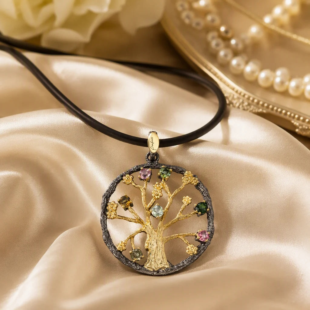 Gioiellieri Hollow Little Gold Tree 925 Sterling Silver Pendant with Tourmaline