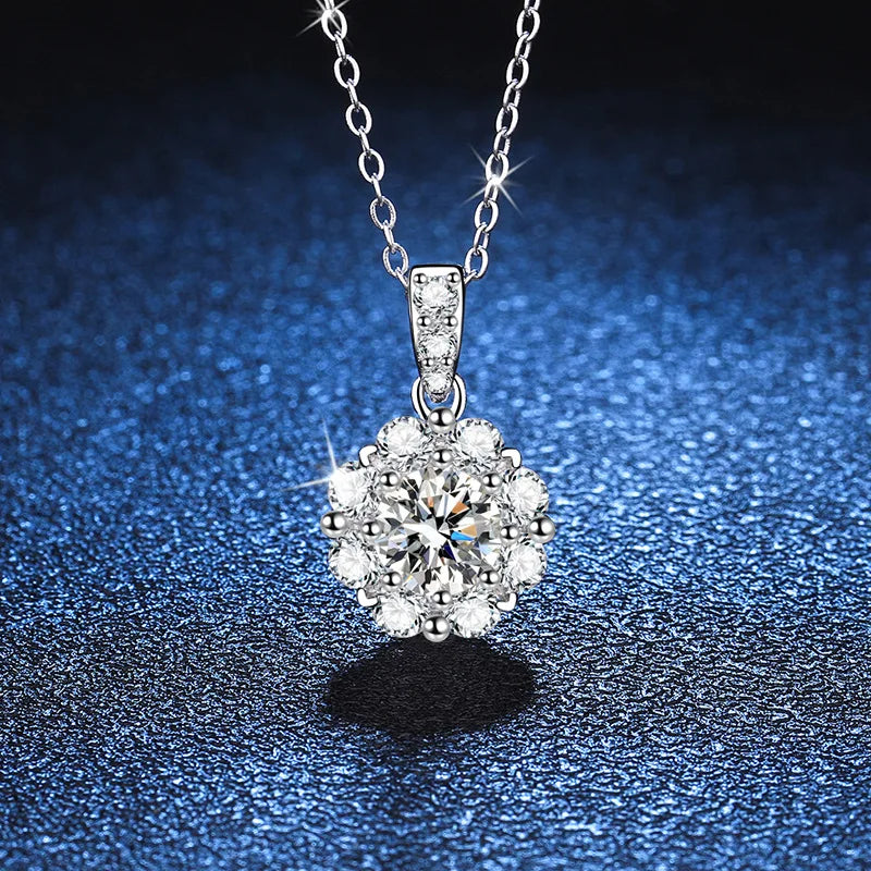Fashion Fine 925 Sterling Silver Cluster Set Round Cut 1ct VVS GRA Colored Moissanite Jewelry Classic Sunflower Pendant Necklace