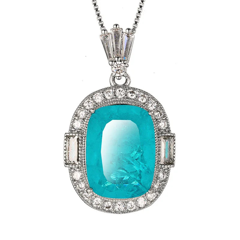 REDheart Women's Copper Inlaid Zircon Gold-Plated Flower Open Ring Simulation Paraiba Blue Fashion Necklace Pendant Set