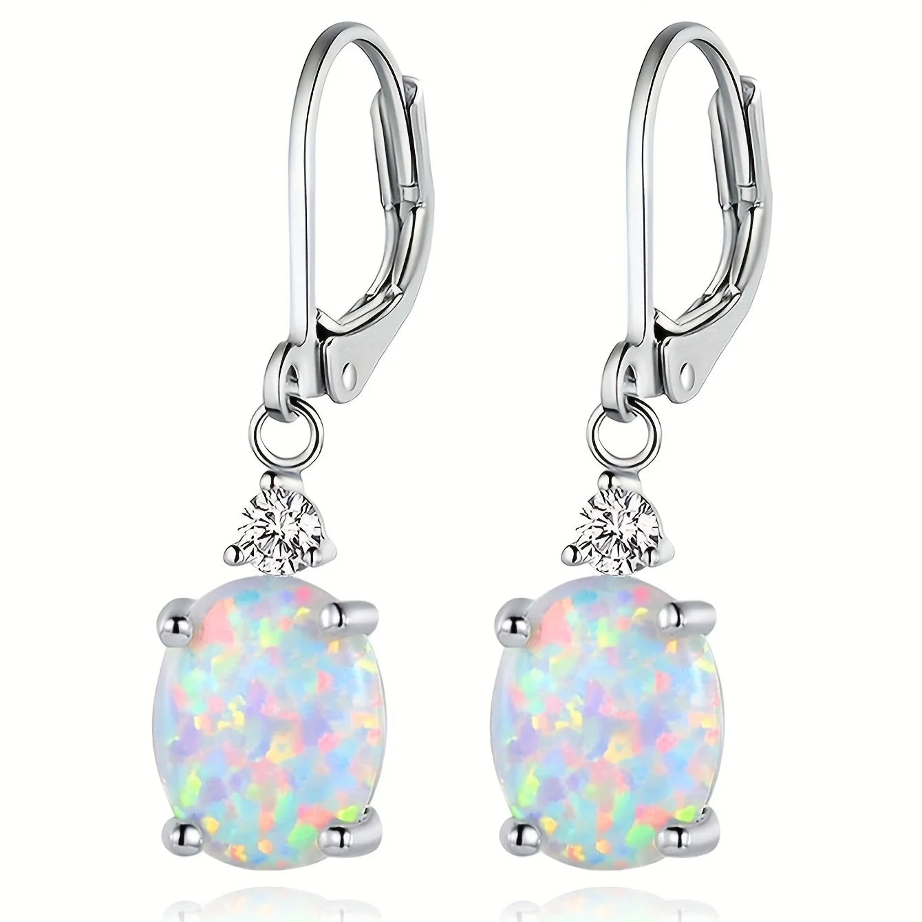 Statement Oval Opal Drop Earrings - Blue Fire Opal Solitaire & CZ Accent Design | Elegant Formal Jewelry Bulk Gifts