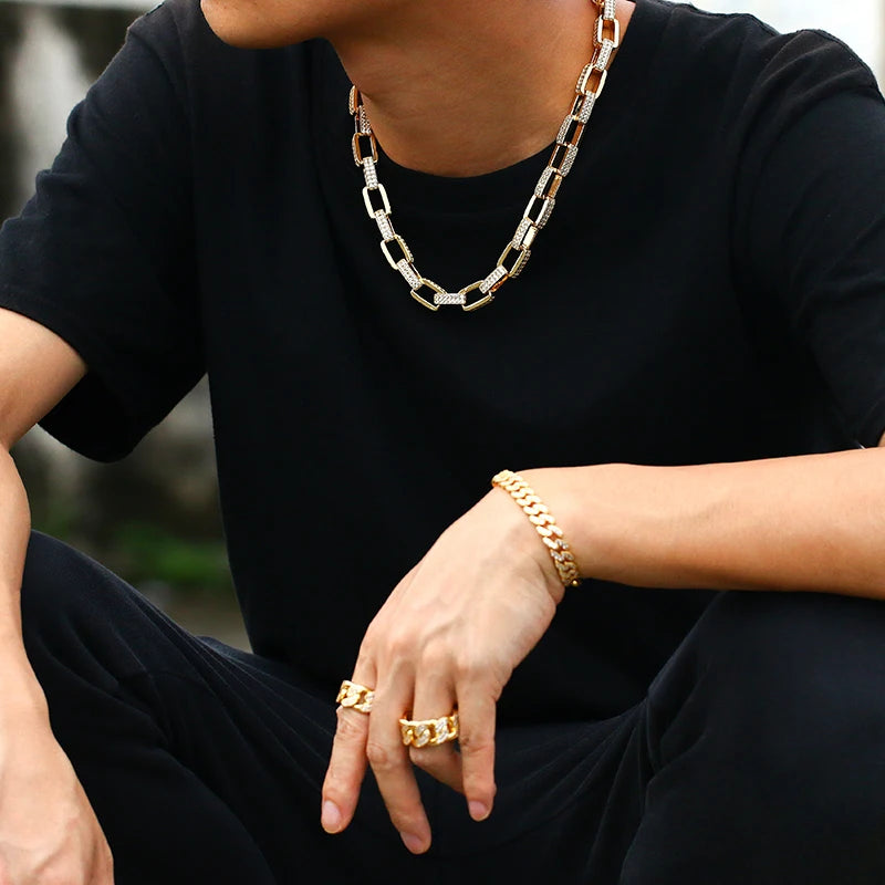 Fashion Design Copper Men 11mm High Quality Gold Plated Zirconia Cuboid Cuban Link Chain Wholesale Jewelry