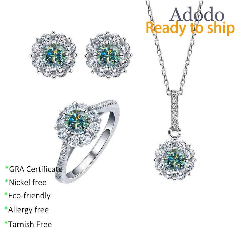9 S925 Silver Destiny Snowflake 0.5ct Sapphire VVS GRA Moissanite Stud Earrings Necklace Rings Diamond Jewelry Set for Women