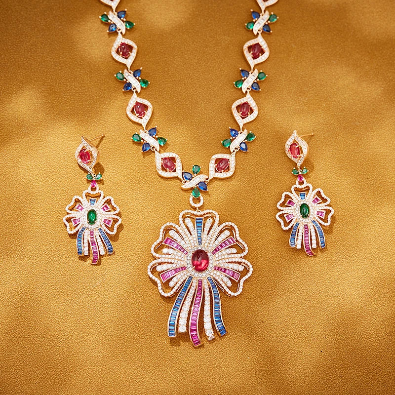 Retro Gorgeous High Quality Electroplated Two-Piece Set Colorful Ribbon Necklace Earrings Perfect Anniversary Fashion Jewelry