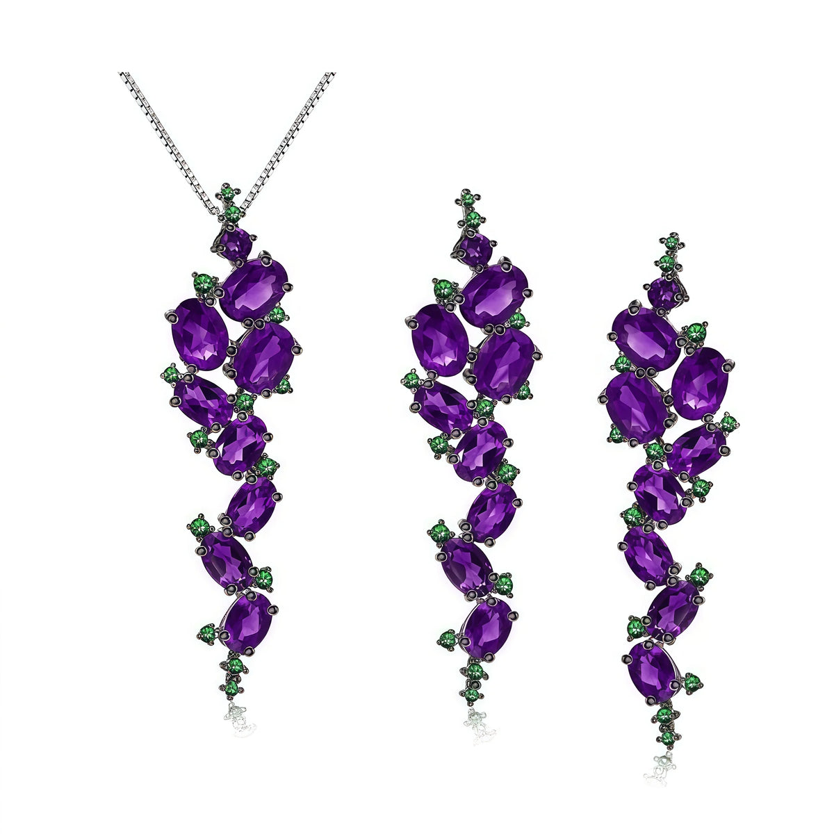 ArtistA Abding Lucky Purple Gemstone Beautiful Natural Amethyst Cluster Setting Leaf Buds Vine Long Drop Flower Tassel S925 Jewelry Set