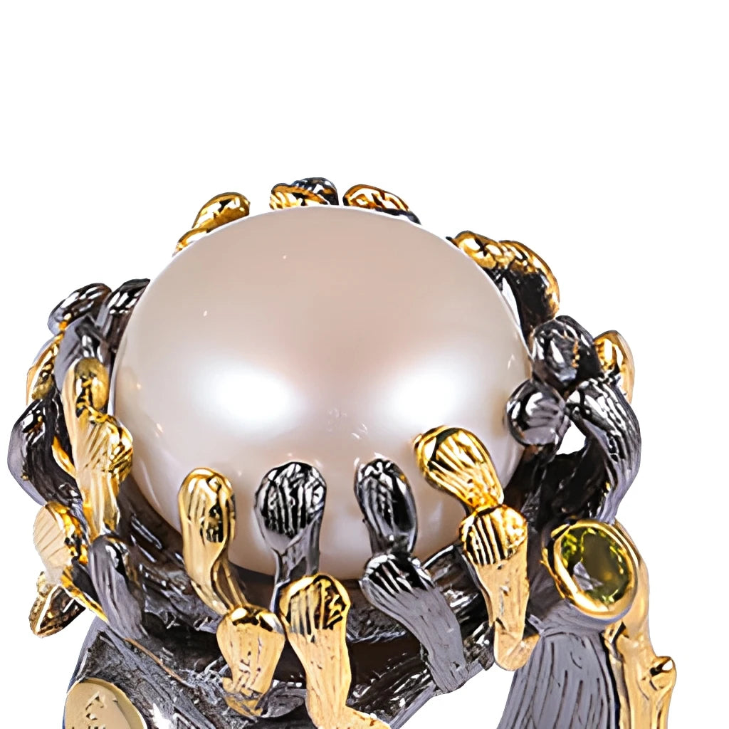 Natural Button Pearl Ring Design 2-tone Plating Silver Ring Jewelry