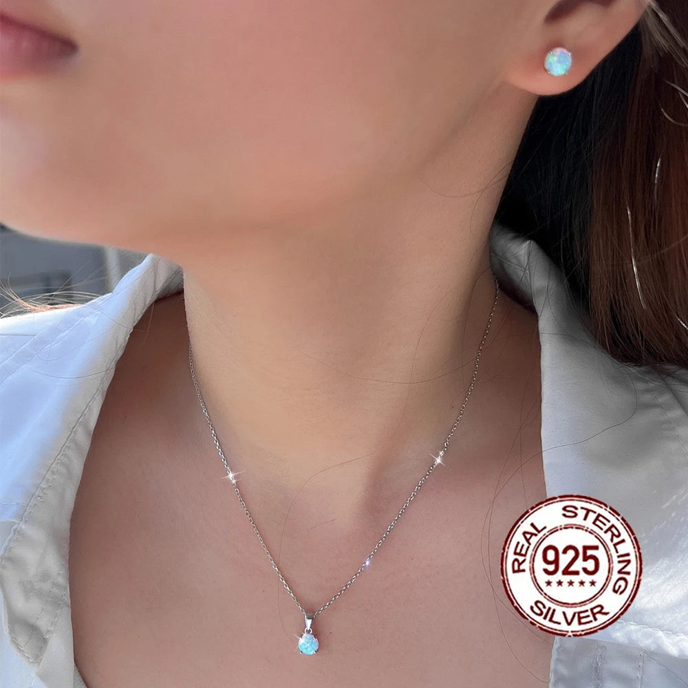 S&S 925 Silver White Opal Necklace & Earrings Set – 4-Claw Round Setting – Rhodium Plated – Collection