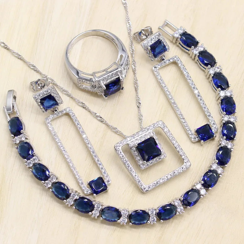 XOTICA Geometric Blue Stones White Gold Plated Jewelry Set for Women Bracelet Long Earrings Ring Necklace Pendant