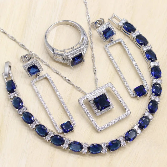 Geometric Blue Stones White Gold Plated Jewelry Set for Women Bracelet Long Earrings Ring Necklace Pendant