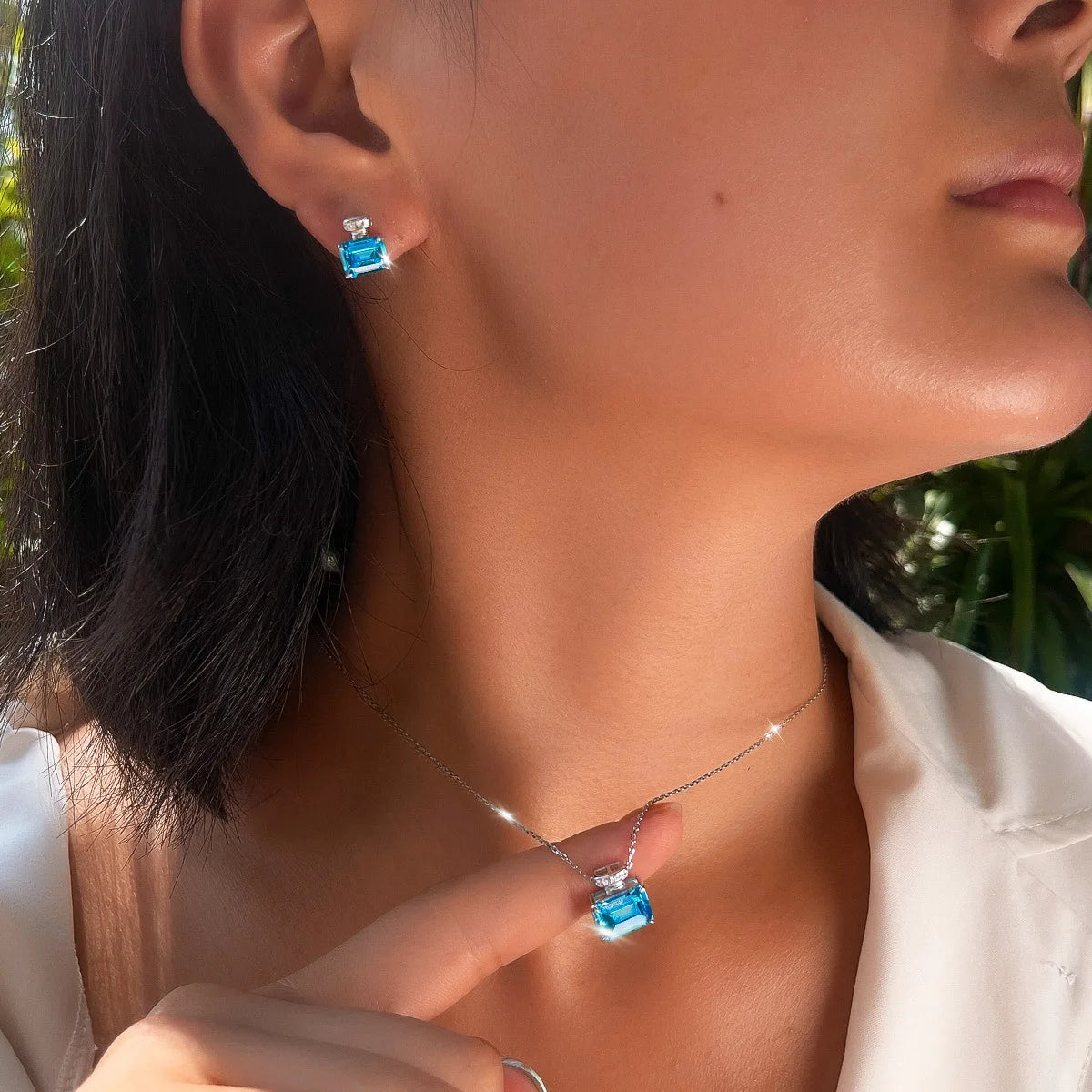 S&S Aqua Blue CZ Emerald Cut Pendant Necklace & Stud Earrings Set | 925 Silver Rhodium Plated | S&S Collection
