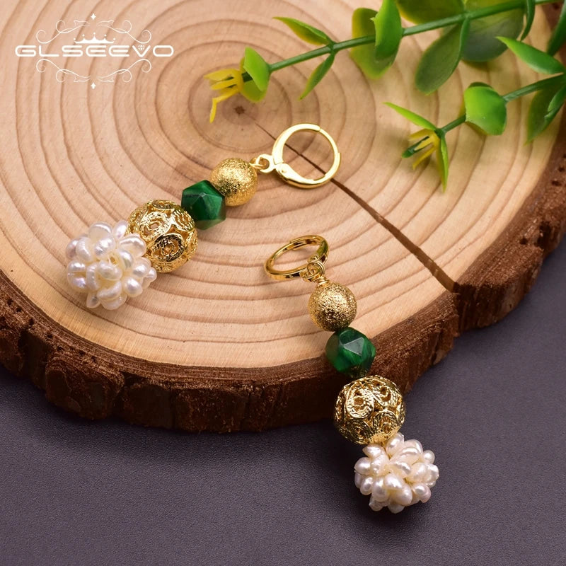 Original Design Natural Green Stone Fresh Water Pearl Dangle Earring for Women Mother Anniversary Ethnic Jewelry