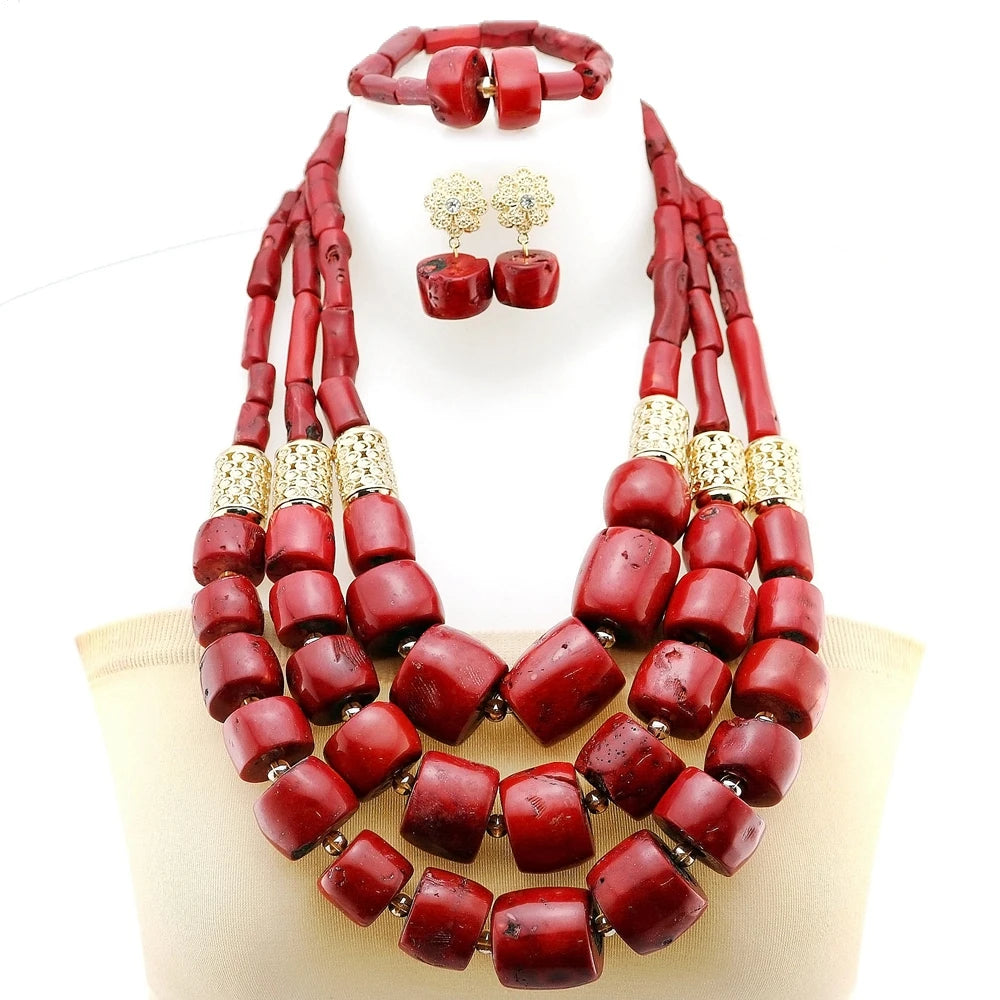 Zhuerrui Elegant Red Coral Beads Design Set Gold Accessories Necklace Sets Exquisite Craftsmanship Suitable for Party YL3129