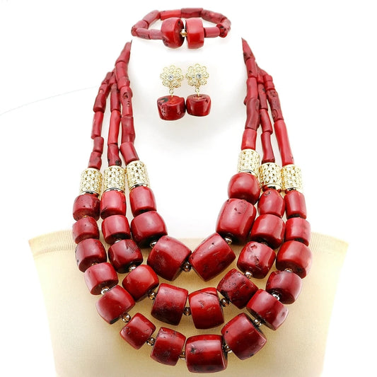 Zhuerrui Elegant Red Coral Beads Design Set Gold Accessories Necklace Sets Exquisite Craftsmanship Suitable for Party YL3129