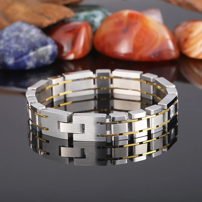 VIKING Mens Casual Watchband Link Bracelet with Zircon – Silver Stainless Steel