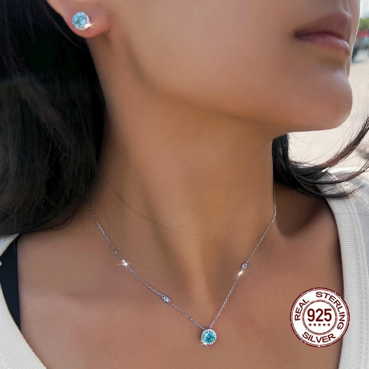 Exquisite Rose Flower CZ Light Blue 925 Sterling Silver Necklace and Earring Round Pendant Jewelry Set for Women Party Gift
