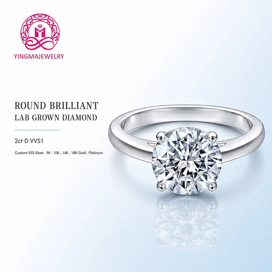 Minimalist Round Brilliant Cut Lab Grown Ring 2ct D VVS1 Tapered Plain Band 9K 10K 14K 18K Gold Women Premium Fine Jewelry