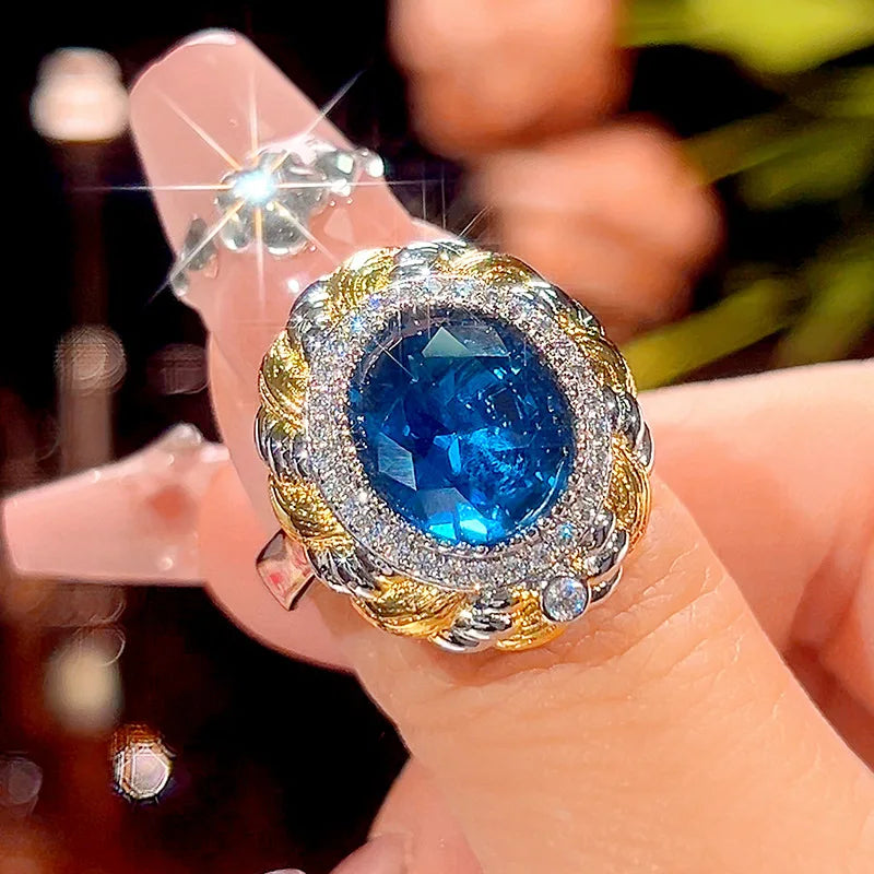 Gemfiori Fashionable Oval Red Blue Zircon Pendant Retro Wedding Bride Engagement Jewelry Set