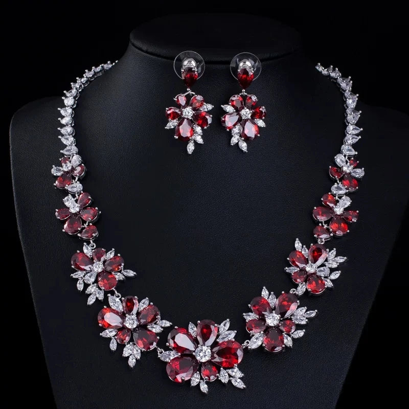 XM S307 Brass Silver Plated Red Zircon Floral Statement Necklace and Drop Earrings Jewelry Set for Women Wedding