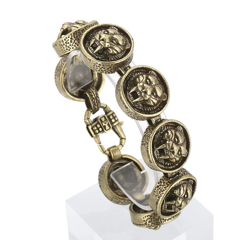 REBEL 225mm Punk Brass Stainless Steel Round Link Bracelets With Tiger Patterns