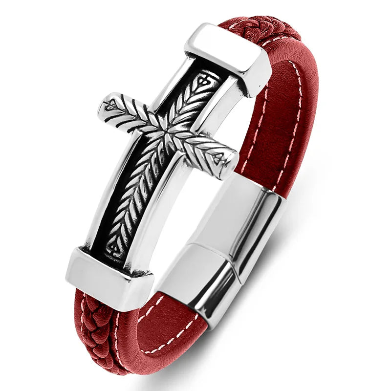 REBEL FASHIONISTA Hot Sale Male Magnetic Pattern Cross Style Stainless Steel Accessories Double-Layer Leather Bracelet Wearing Accessories