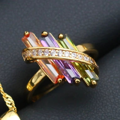 XOTICA Multicolor Zirconia Gold Women's Custom Wedding Jewelry Set Includes Earrings Pendant Ring Gold Necklace for Parties
