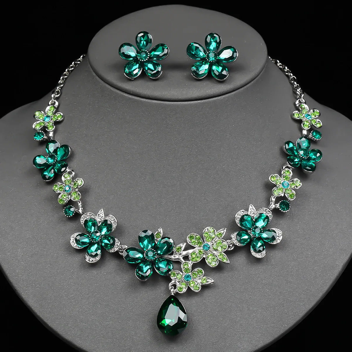 Crystal Flower Drop Necklace & Earrings Jewellery Set | Bridal & Party Occasion Fashion Set