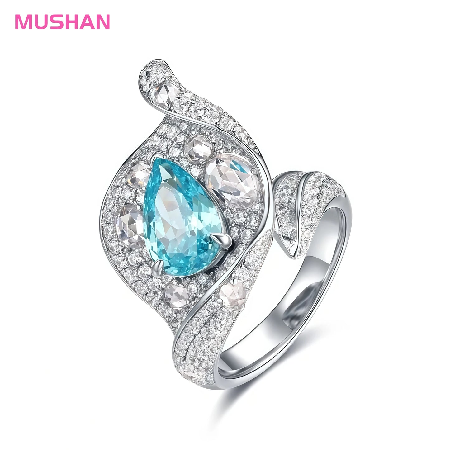 MUSHAN Jewelry Factory 925 Silver Rings High Carbon Diamond Lab Grown Gemstones Blue Paraiba Water Drop Calla Lily Shape Ring
