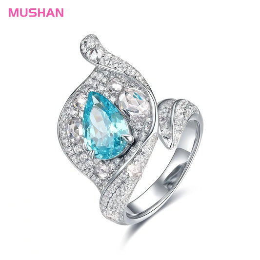 MUSHAN Jewelry Factory 925 Silver Rings High Carbon Diamond Lab Grown Gemstones Blue Paraiba Water Drop Calla Lily Shape Ring