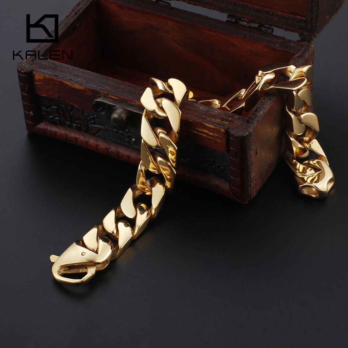 KALEN 22cm Stainless Steel Gold Cuban Chain Bracelet for Men