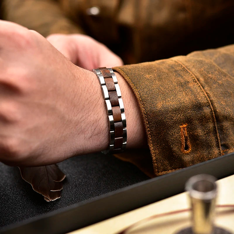 REBEL Wood Steel Mixed Combined Jewelry Bracelet Customized LOGO Handmade Wooden Bracelet for Women Men