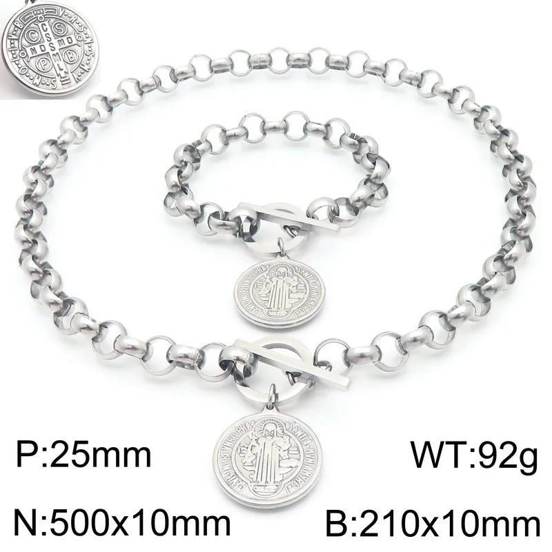 Kalen European and American Portrait Round Pendant Round Bead Chain OT Clasp Hiphop Necklace Stainless Steel Jewelry Set