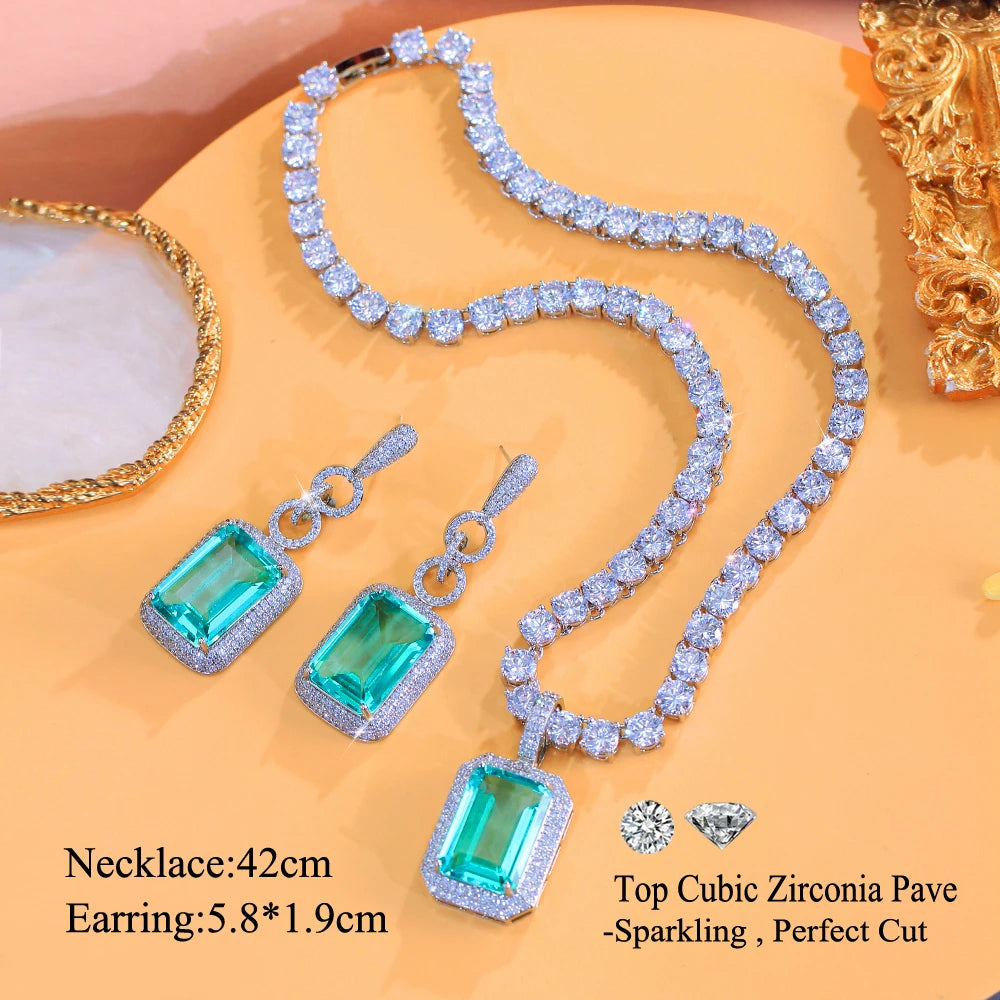 Luxury Big Blue Square Shaped CZ Stone White Tennis Necklace and Earrings Set Women Wedding Party Pendant Jewelry Accessories
