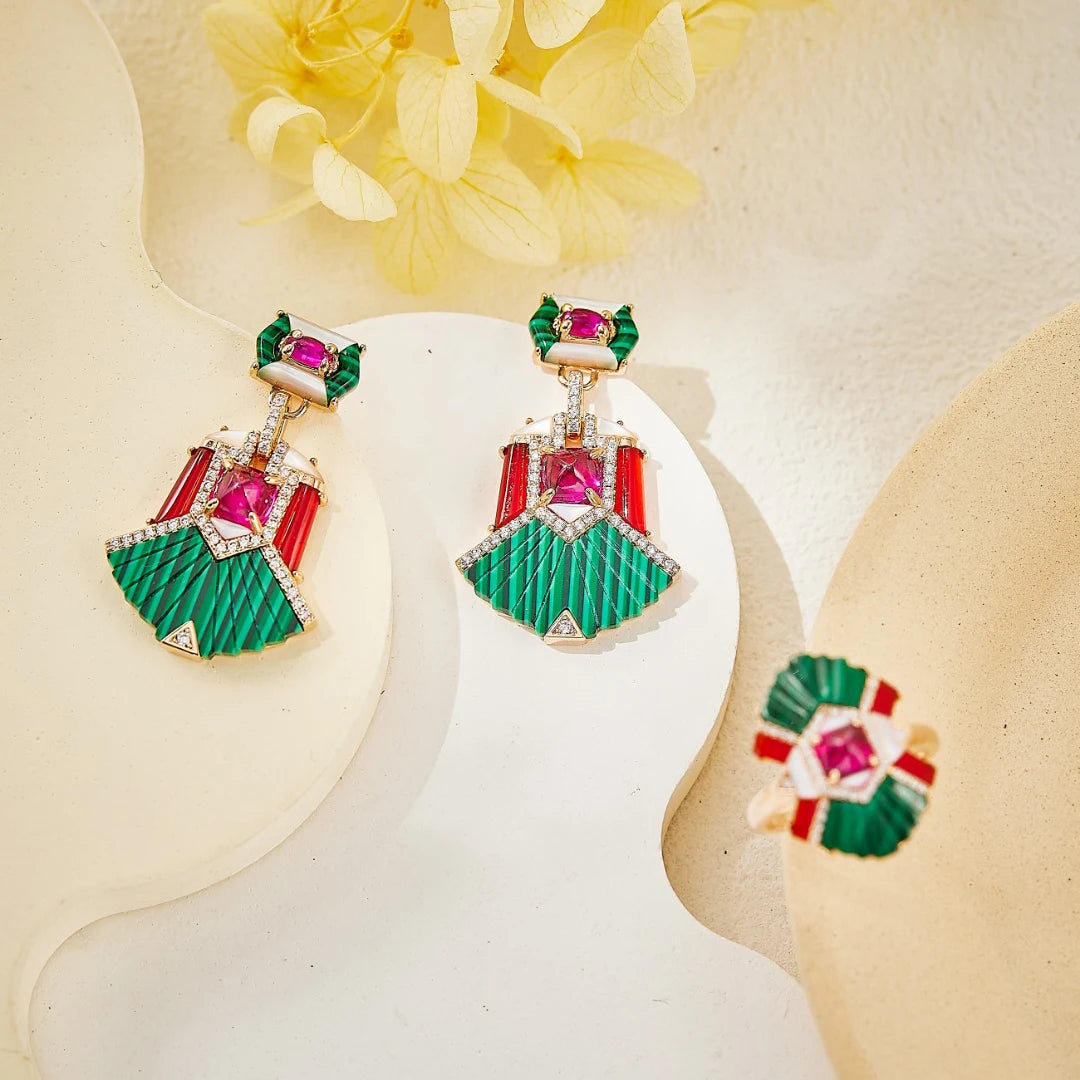 Luxury Green Malachite & Red Ruby Gemstone Claw-Set Pendant Necklace, Earrings & Ring Bridal Set — Rose Gold & Rhodium Plated