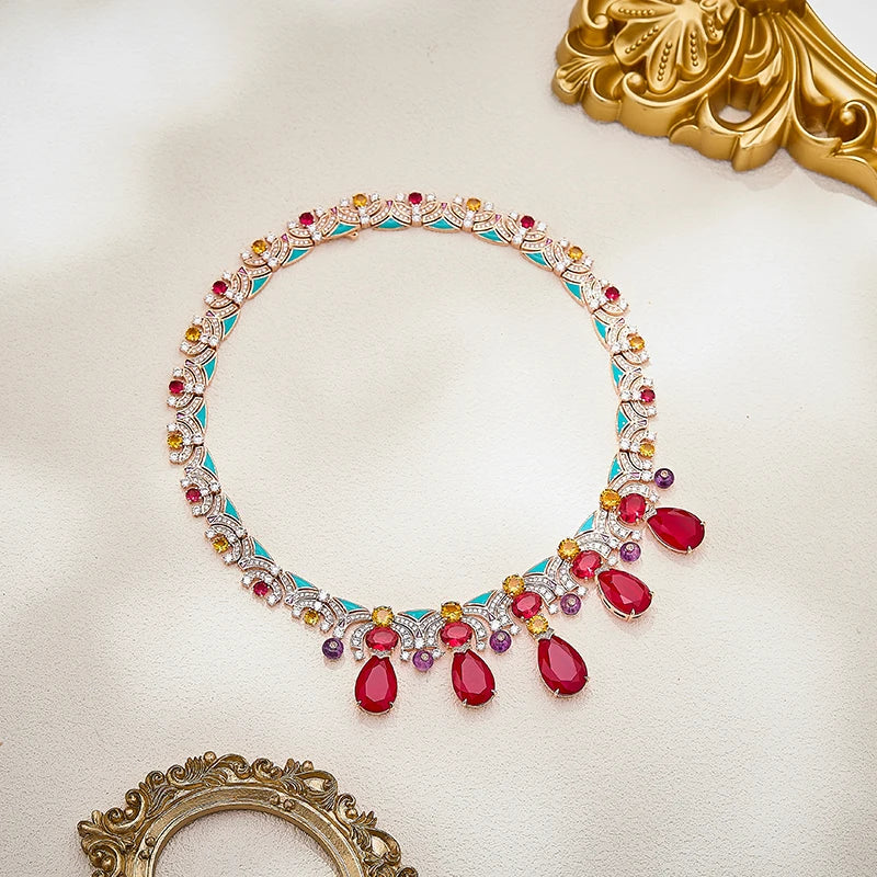 Pigeon Blood Red Zirconium Pear Shaped Sexy Women's Necklace Enamel High-end High-quality Brass Indian Jewelry Gift