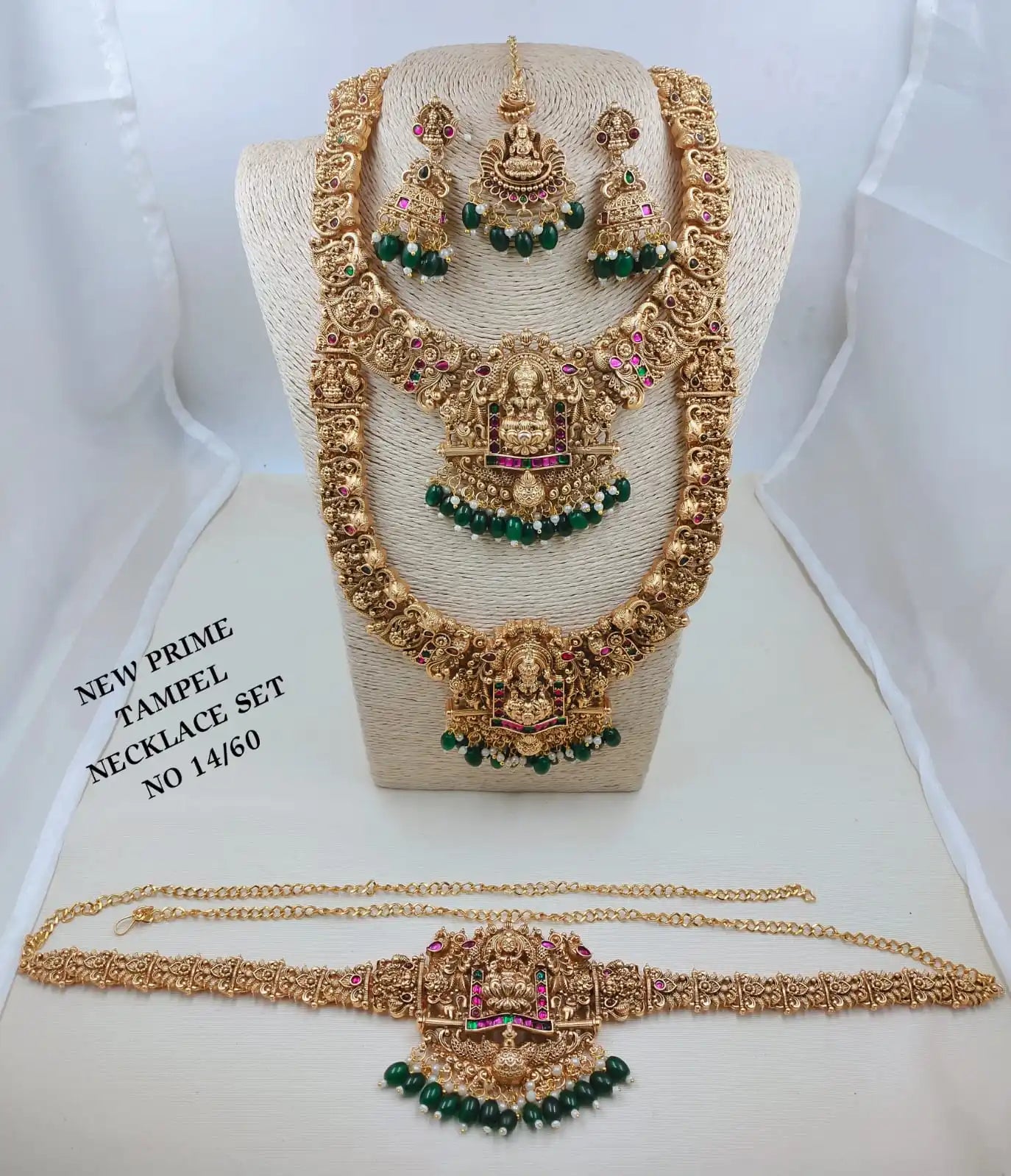 Luxury Temple Jewellery Bridal Necklace Set Antique Gold Plated Lakshmi Long Haram Choker Vaddanam Wedding Jewelry Set