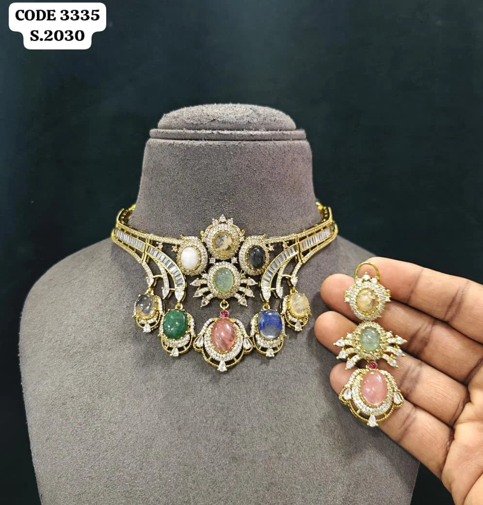 Luxury Multi Stone Bridal Choker Necklace Set for Women Wedding Party Designer Ethnic Jewelry Gift Collection Premium Set